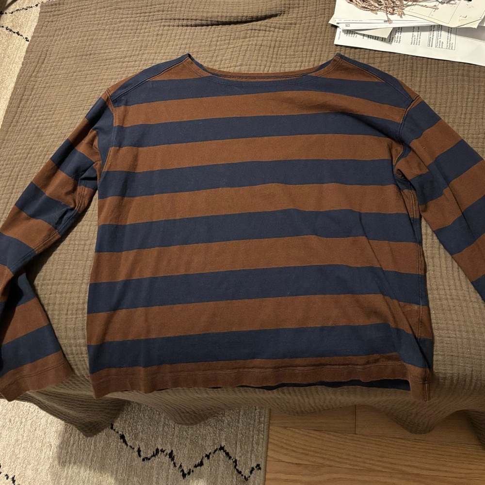 Everlane Women's Breton Long-Sleeved Tee in Brown and Blue (Size Small)